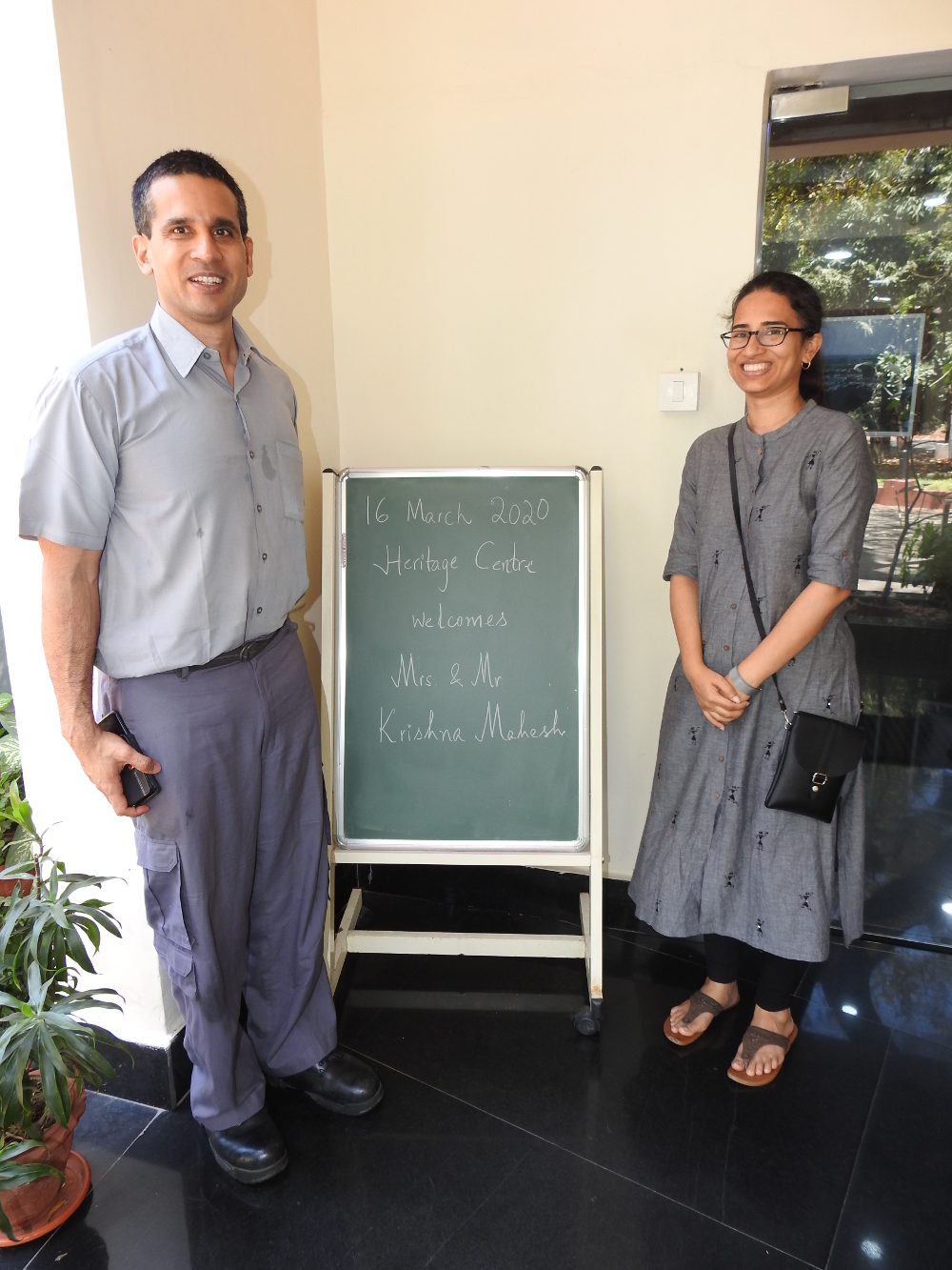 Mrs. and Mr. Krishna Mahesh at the entrance of the Heritage Centre.